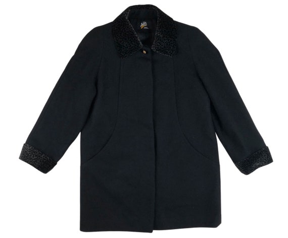 Vintage Leopard Velvet Trim Wool Coat | 80s Black… - image 1