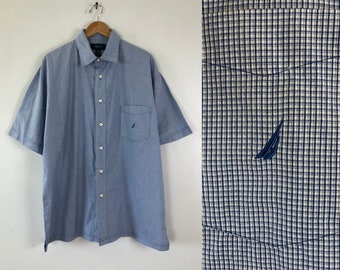 Vintage Mens Night Shirt | 90s Nautica Blue Plaid Cotton Pajama Top Sleepwear | Mens Size Large