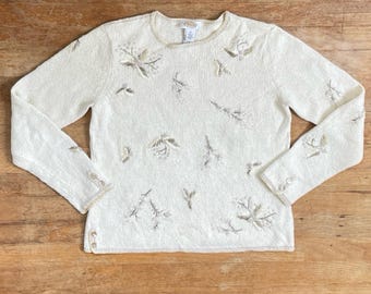 Vintage Floral Embroidered Sweater Size Medium 90s Cream Knit Beaded Cotton/Ramie