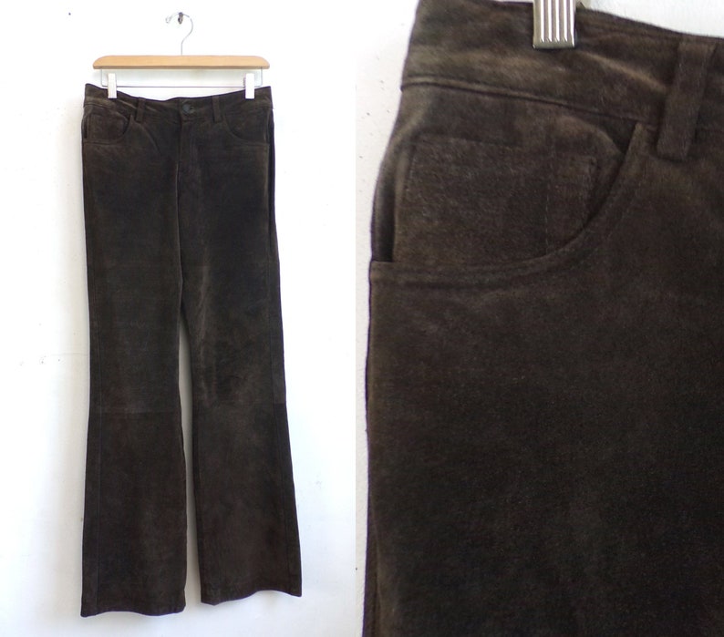 Womens Size XSSmall 90s Boot Cut Brown Suede Trousers Vintage Suede Leather Pants 30 Waist 32 Inseam
