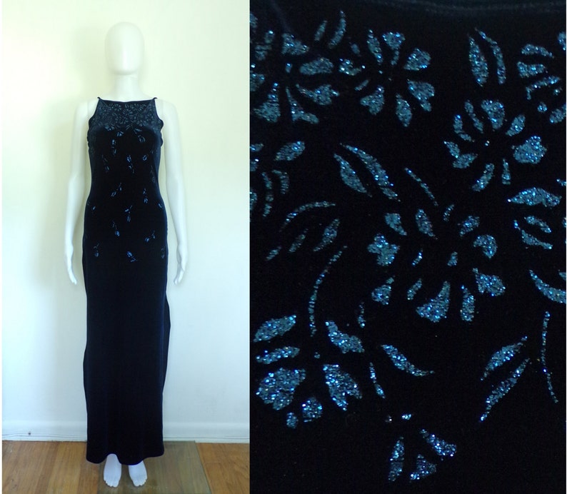 midnight blue maxi glitter flowers fancy maxi sleeveless bodycon dress 1990s 90s crushed velvet dress size xs small