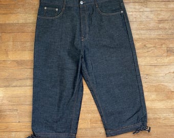 Vintage Mens Cropped Jeans Size 38 Y2K Embroidered Dark Wash Denim Tie Legs
