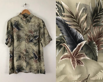 Vintage Mens Hawaiian Shirt | 90s Palm Tree Leaf Print Rayon Shirt | Mens Size Large