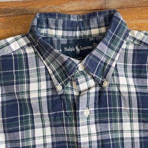Vintage Mens Ralph Lauren Shirt Size XL 90s Blue Plaid Cotton Button Down