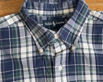 Vintage Mens Ralph Lauren Shirt Size XL 90s Blue Plaid Cotton Button Down