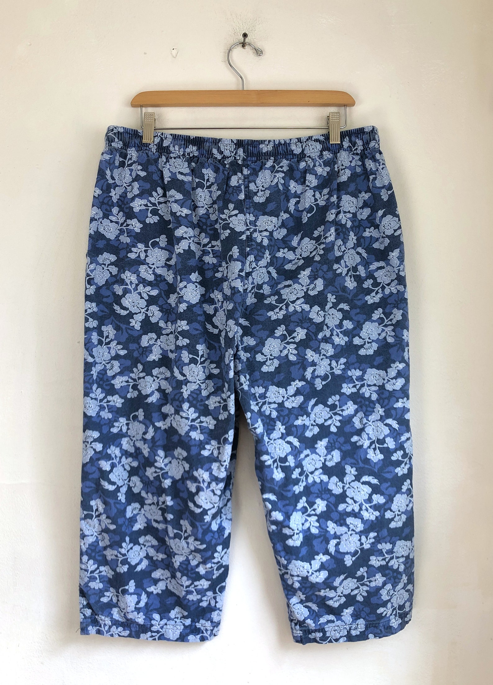 Vintage Floral Chambray Capris 90s Blue Flower Print Cotton | Etsy