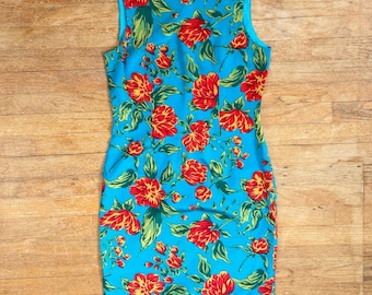 Vintage Floral Print Sleeveless Dress Size Medium Bright Blue Summer Sundress
