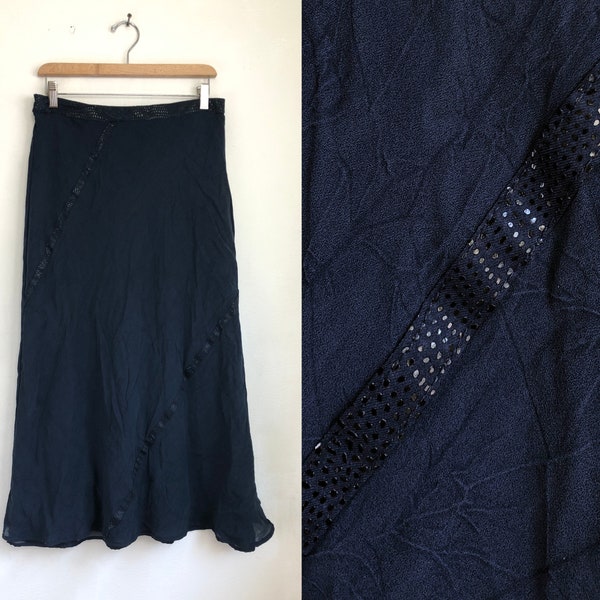 Vintage Crinkled Crepe Skirt | 90s Dorothy Schoelen A-Line Skirt with Python Print Trim | Womens Size Large | 31-33" Waist