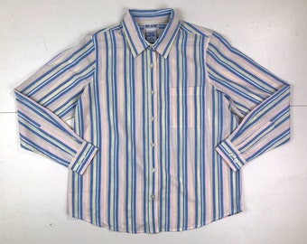 Vintage Striped Cotton Top | 90s Boxy Cut Collared Button Down Shirt | Womens Size Medium/Large