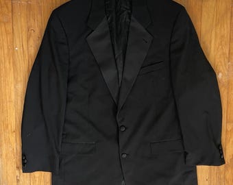 Vintage Mens Tuxedo Blazer Size 42L/43L 1990s Black Wool & Satin Lapel Suit Coat Jacket