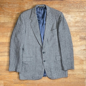 Vintage Mens Tweed Blazer Size 42L 1970s Black/White Herringbone Wool Sport Coat Suit Jacket