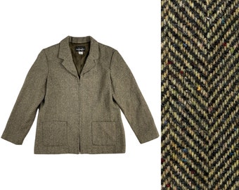 Vintage Speckled Herringbone Tweed Blazer | 90s Wool Blend Jacket | Womens Size Large