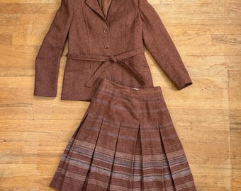 Vintage Brown Plaid Wool Suit Set Womens XS 70s Tartan Blazer Pleated Skirt