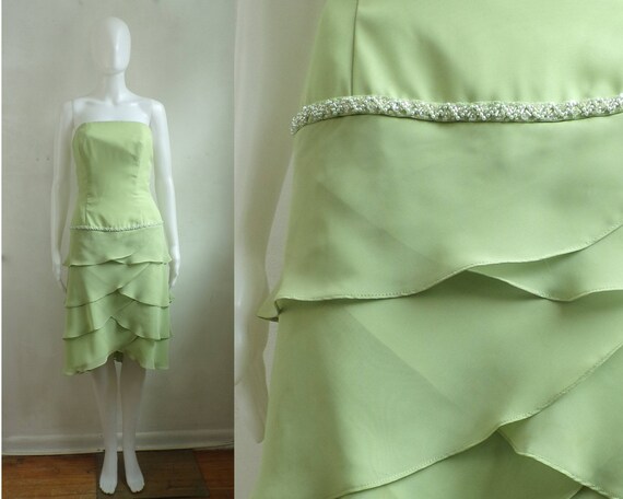 90s cocktail dress pale green tiered beaded dress… - image 1