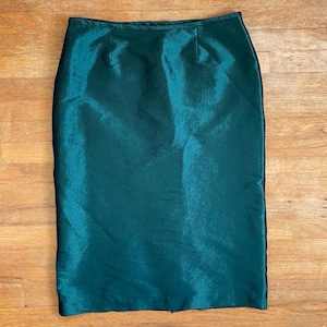 Vintage Emerald Green Satin Skirt Size XL 36&quot; Waist 1990s Straight Cut