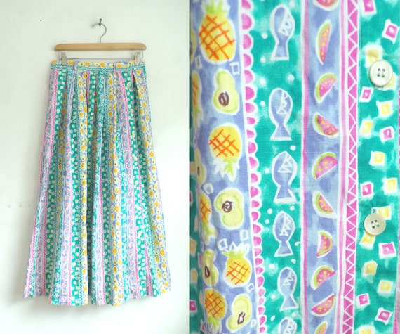 Vintage Fruit Print Skirt | 80s Colorful Pastel Fo