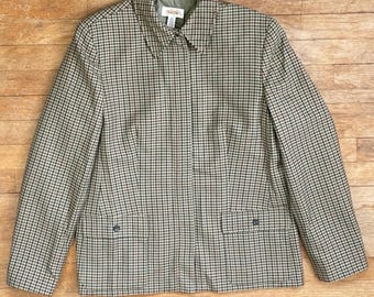 Vintage Plaid Wool Jacket Womens Size Large 1990s Olive Green Twill Wool Blazer