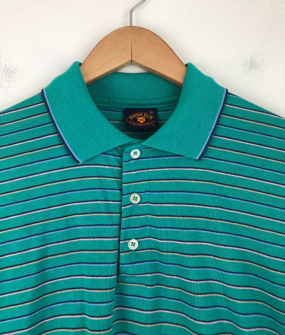 Vintage Mens Striped Polo Shirt | 70s Teal Fine K… - image 3