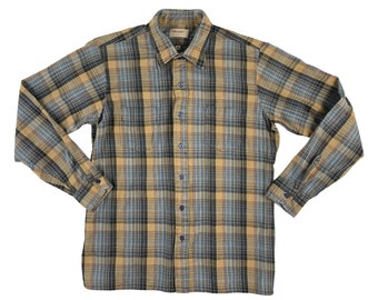 Vintage Mens Flannel Shirt | 80s Blue & Beige Cotton Button Down Shirt | Mens Size Small/Medium