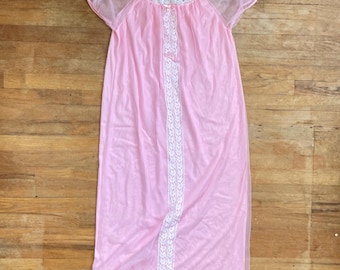 Vintage Lace Trim Nightgown Womens Size Small 1970s Pink & White Mesh Dressing Gown Lingerie