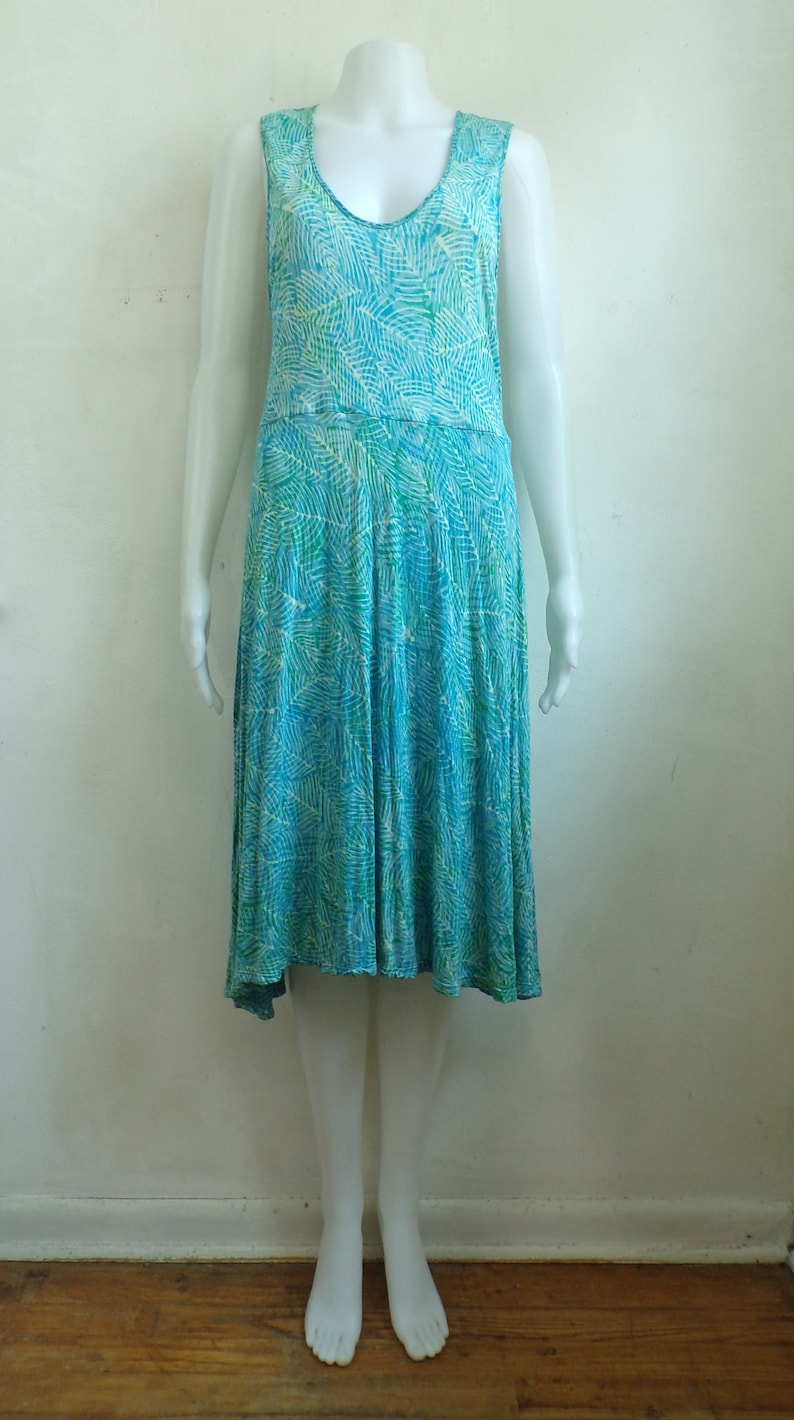 Womens Size MediumLarge 90s Abstract Leaf Print Stretch Knit Rayon Lightweight Sleeveless Dress Vintage Tank Dress