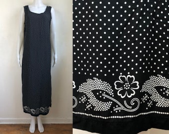 Vintage Floral & Polka Dot Dress Womens Size Medium | 90s Black/White Sleeveless Rayon Midi