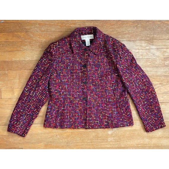 Vintage Rainbow Tweed Blazer Womens Size Large 1990s Boucle Wool