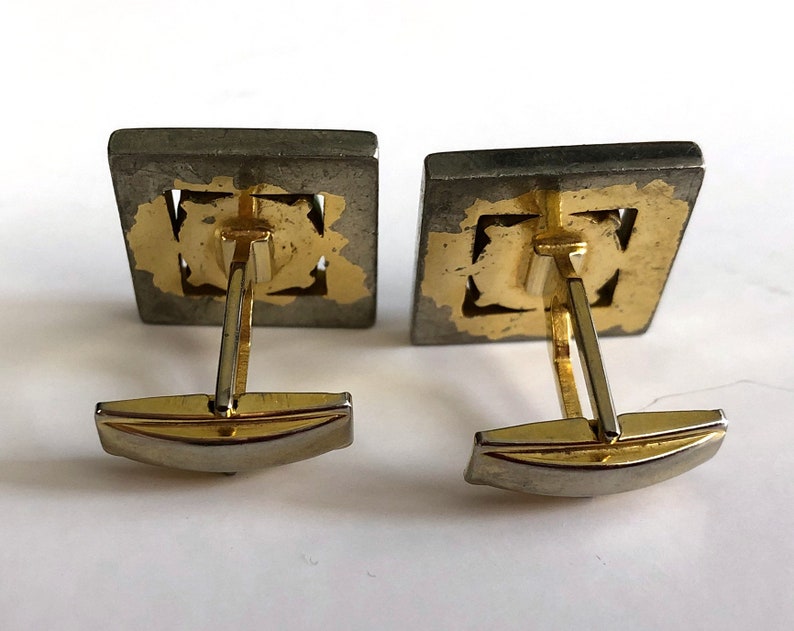 Gold /& Silver Tone Vintage Natural Stone Cuff Links 70s Marbled Green Stone Square Cufflinks