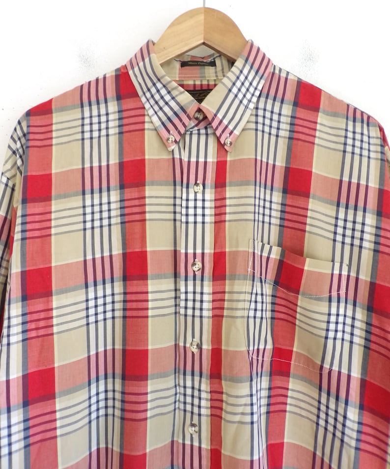 Vintage Mens Plaid Shirt 90s Red Tartan Poplin Long Sleeve Collared Button Down Dress Shirt Size XL Tall