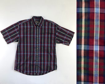 Vintage Mens Plaid Shirt | 90s Tartan Short Sleeve Button Down Shirt | Mens Size Large