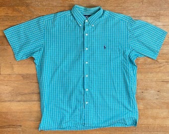 Vintage Mens Ralph Lauren Plaid Shirt Size Large 1990s Bright Blue Cotton Button Down