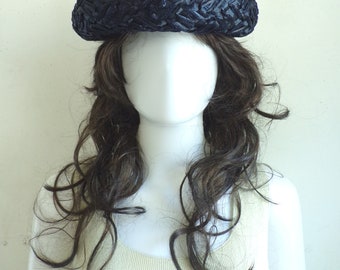 Vintage 60s Straw Hat Navy Blue Round 1960s Fascinator Cap  display picture 3