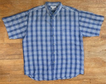 Vintage Mens Linen & Cotton Shirt Size XL 1990s Blue Tartan Plaid Button Down