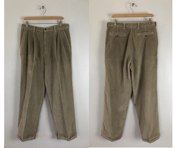 Vintage Mens Corduroy Pants | 90s Khaki/Beige Wale
