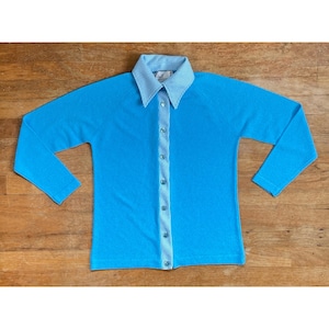 Vintage Knit Blouse Size Small 1960s Dagger Collar Checkered Long Sleeve Top