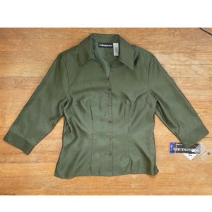 Vintage Faux Silk Blouse Size Medium 1990s Olive Green Button Down Shirt