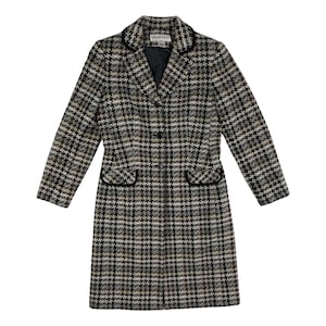 Vintage Houndstooth Coat Womens Size Small | 1990s Woven Wool Blend Tweed Overcoat with Pockets
