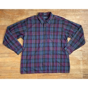 Vintage Mens Plaid Shirt Size Large 1980s Button Down Collared Purple/Blue Lightweight