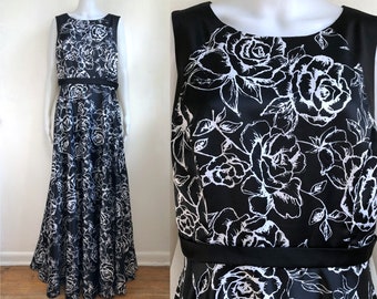 Vintage Floral Print Gown | 90s Black & White Flower Print Floor Length Dress | Womens Size Large