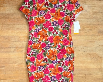 Vintage Colorful Floral 100% Linen Dress Size Medium 90s Tropical Sheath