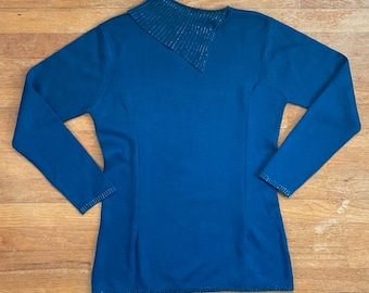 Vintage Teal Beaded Sweater Top Womens Size Medium 1990s Knit Acrylic/Wool Mockneck