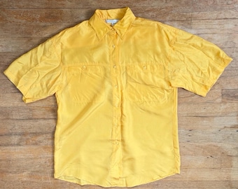 Vintage Bright Yellow Silk Blouse Size Small/Medium 90s Oversize Boxy Shirt Top