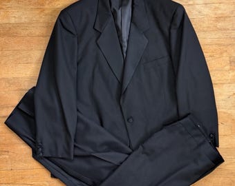 Vintage Herren Smoking Set Gr. 46R Blazer 42x29 Hose 90er Jahre Schwarz Wollmischung Satin