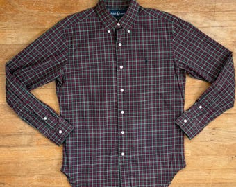 Vintage Mens Ralph Lauren Shirt Size Small 90s Plaid Cotton Red/Green Collared