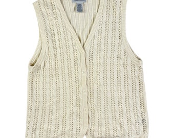 Vintage Eyelet Sweater Vest Womens Size Medium/Large | 1990s Cream Knit Ramie/Cotton Waistcoat