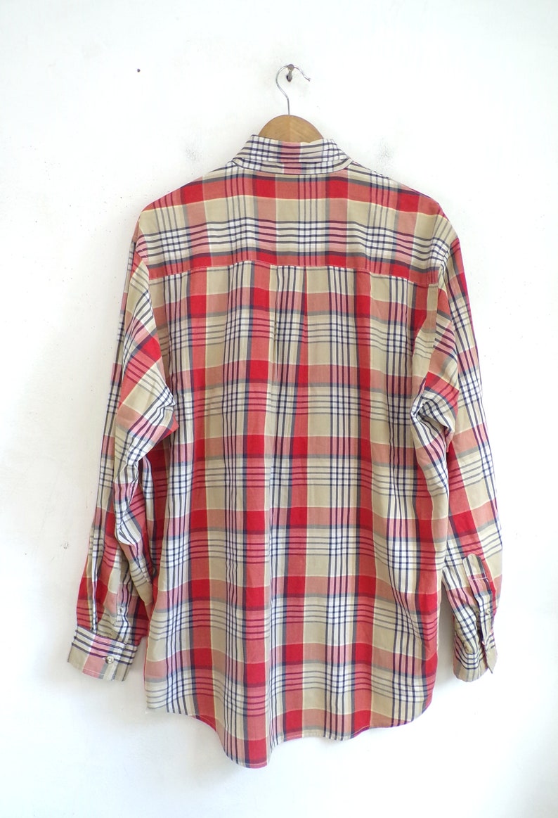 Vintage Mens Plaid Shirt 90s Red Tartan Poplin Long Sleeve Collared Button Down Dress Shirt Size XL Tall