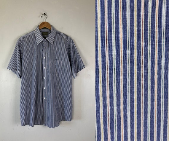 Vintage Mens Rainbow Striped Shirt | 80s Short Sle