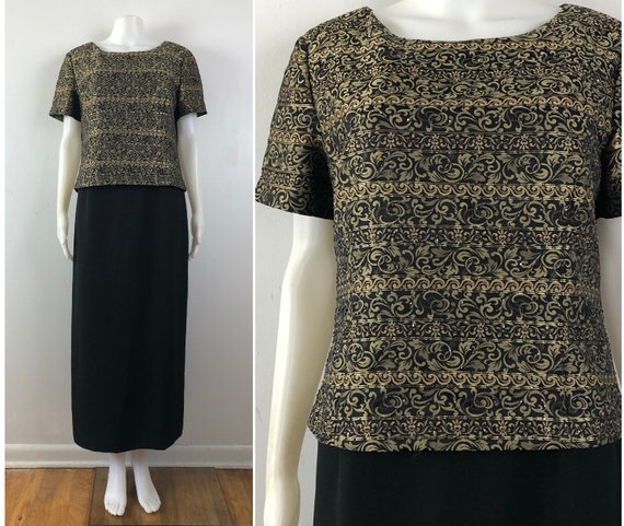 Vintage Beaded Brocade Dress | 90s Black & Gold Fi