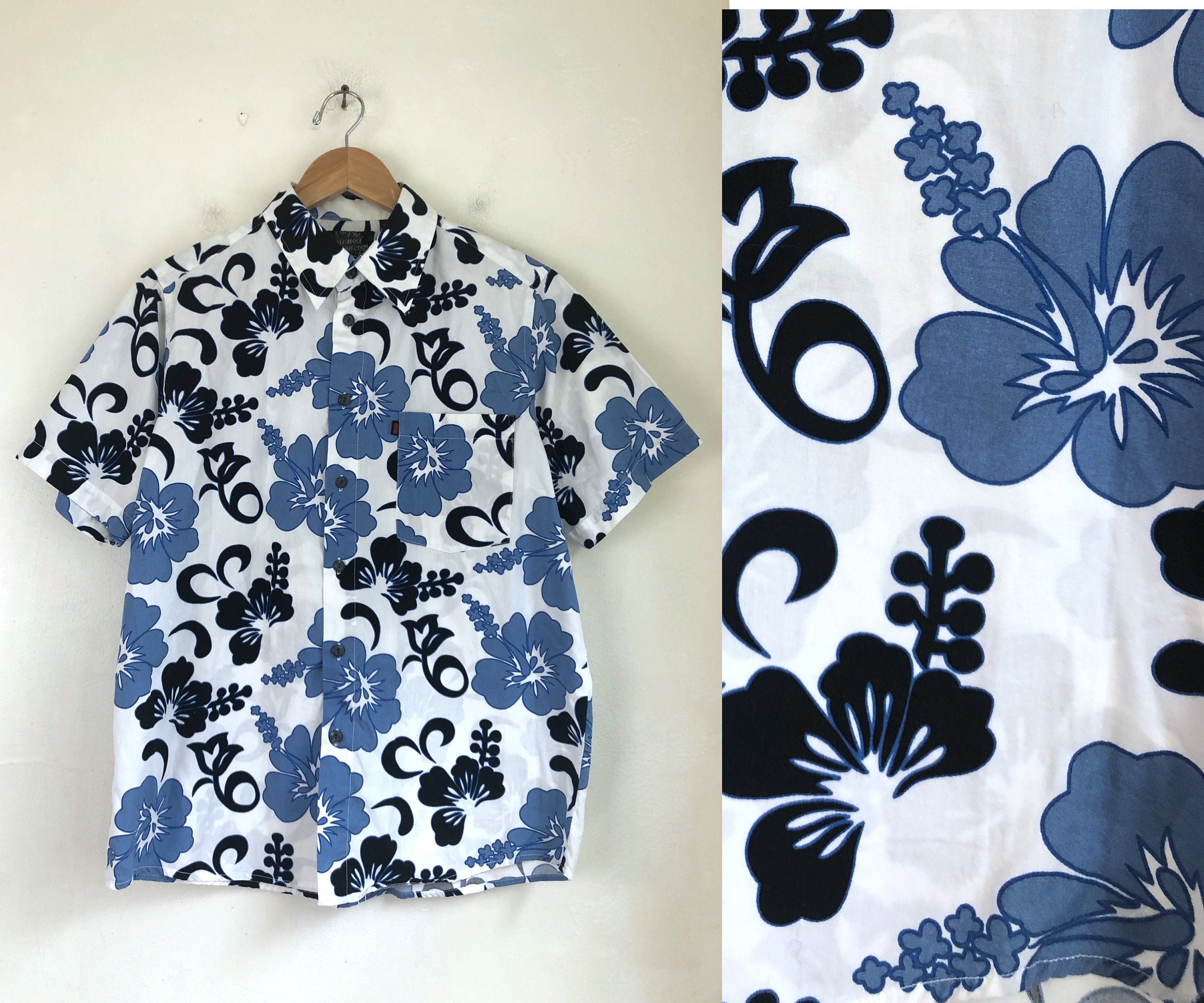 Unisex Tropical Hibiscus Print Casual Top Size Large to 1X Men's Shirt 90's Vintage Black White and Brown Hawaiian Shirt