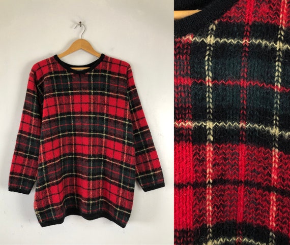 Vintage Mohair Blend Sweater | 80s Red Tartan Plai